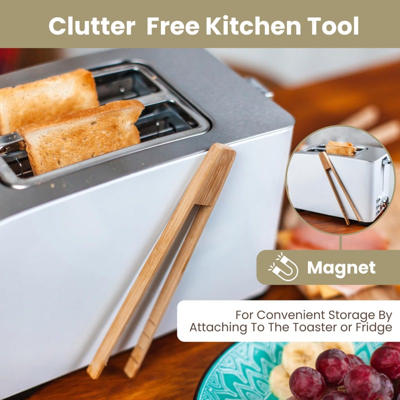 THREE WAY CUT Toaster Tongs With Magnet | Bamboo Kitchen Utensils For Cooking & Holding Toast Bacon Muffin Bagel Bread | 8" Long Natural Toxic Free Magnetic | 2pcs Set - Image 2